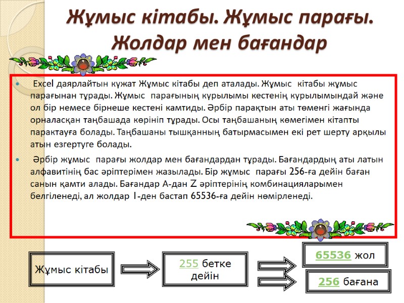 Жұмыс кітабы. Жұмыс парағы. Жолдар мен бағандар  Ехсеl даярлайтын күжат Жұмыс кітабы деп